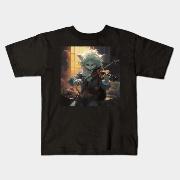 Cat Violinist Kids T-Shirt by Ray Crimson